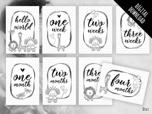 Baby Milestone Cards B&W Animals