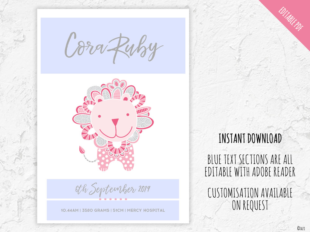 Tazi birth-print-lion-pink-editable